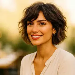 Une femme souriante avec une coupe bixie ondulée, des boucles d'oreilles discrètes et un chemisier clair.