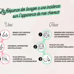 Infographie sur les mythes et réalités de trop se laver les cheveux. Elle compare les effets d'un lavage fréquent à ceux d'un lavage espacé.