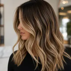 Magnifique balayage caramel pour cacher cheveux blancs, des mèches subtiles qui illuminent la chevelure brune.