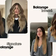 Avant/après d'un balayage blanc subtil sur cheveux bruns, créant un contraste naturel et lumineux.
