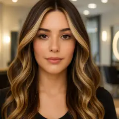 Un visage de femme avec un contouring cheveux subtil, des mèches blondes illuminent sa chevelure brune ondulée.