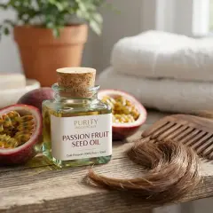 Huile de pépins de fruit de la passion pour hydrater les cheveux. Une bouteille d'huile, des fruits de la passion coupés, un peigne et des cheveux sur une surface en bois.
