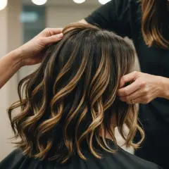 Une coiffeuse ajuste une chevelure mi-longue aux reflets blonds, un balayage racine foncé subtil rehausse la profondeur naturelle.