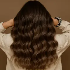 Chevelure brune ondulée avec un subtil effet smoky, mise en valeur par une veste beige.