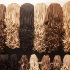 Une rangée de perruques aux ondulations douces, offrant un magnifique mélange couleur cheveux, du blond platine au brun profond.