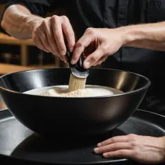 Mélange de poudre décolorante et d'oxydant dans un bol noir. Le bon ratio est essentiel pour une décoloration parfaite.