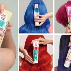 Avant après Wella Color Fresh Mask : des cheveux bleus, roses, rouges et violets éclatants.