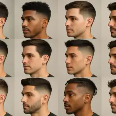 Douze hommes aux cheveux courts, présentés de profil, montrent diverses coupes de cheveux modernes.