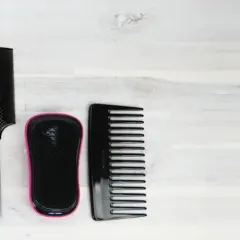 Ensemble de brosses et peignes pour cheveux, dont une brosse à cheveux gras, sur fond de bois clair.