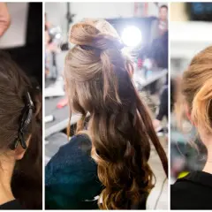 Trois étapes d'une coiffure cheveux long attaché : tresses, chignon haut, chignon bas.