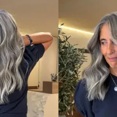 Magnifique balayage sur cheveux poivre et sel, des mèches argentées et grises se fondent avec élégance.