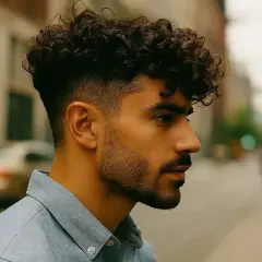 Un homme avec une coupe cheveux ondulés naturel, dégradé sur les côtés, regardant au loin dans une rue animée.