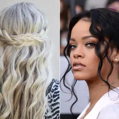 Coiffure cheveux bouclés avec tresse : une tresse couronne sublime des boucles blondes ondulées. À droite, Rihanna arbore des boucles sombres et une tresse discrète.