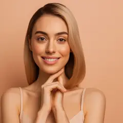 Une femme souriante avec des cheveux blonds lisses, parfaite pour une routine cheveux lisse.