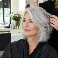Une femme aux cheveux gris argentés, une couleur qui ne prend pas sur cheveux blancs, est coiffée dans un salon de beauté.