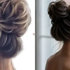 Deux coiffures élégantes : un chignon haut flou orné d'une épingle à cheveux scintillante et un autre chignon haut flou, plus simple, sur une femme regardant par la fenêtre.