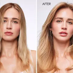 Avant/après : une femme aux cheveux blonds fins avant, et après, ses cheveux sont visiblement plus volumineux et épais. Une transformation pour savoir comment épaissir cheveux.