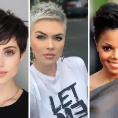 Trois femmes arborent une coiffure coiffé-décoiffé court, allant du brun asymétrique au gris platine, puis au noir volumineux.