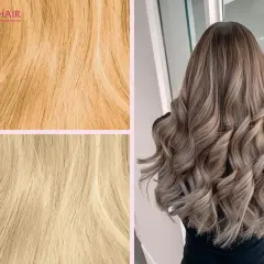 Chevelure ondulée aux reflets blonds cendrés, évoquant une patine L'Oréal, avec des échantillons de mèches blondes.
