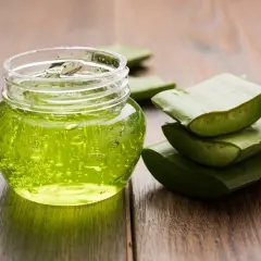 Un pot de gel aloe vera, parfait pour les cheveux, à côté de feuilles d'aloe vera coupées sur fond de bois.