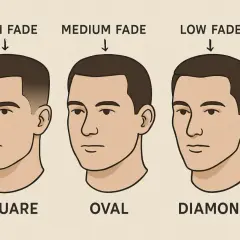 Trois visages masculins illustrent les dégradés tendance : high, medium et low fade, adaptés aux formes de visage carrée, ovale et diamant.