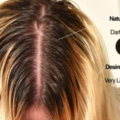 Cheveux châtain foncé (6) à éclaircir vers un blond très clair (9). Le dosage coloration oxydant 20 est idéal pour cette transformation.
