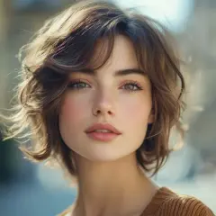 Jeune femme au regard doux, ses cheveux châtains forment un **carré court** ondulé.