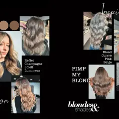 Collage de photos de cheveux blonds aux reflets variés, allant du champagne au cuivré, avec des échantillons de couleurs.