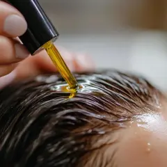 Une main applique de l'huile sur les cheveux, montrant comment mettre de l'huile sur les cheveux pour un soin nourrissant.