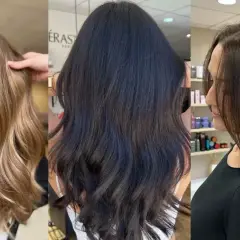 Trois femmes aux cheveux longs et soyeux. Une blonde avec des reflets subtils, une brune intense et une châtain aux nuances naturelles.