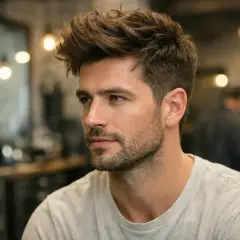 Un homme avec une coupe homme cheveux épais, un style texturé et moderne, dans un salon de coiffure.