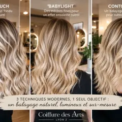 Trois femmes arborent des balayages blonds variés : AirTouch naturel, Babylight subtil, et Contouring personnalisé. Un look lumineux pour chaque femme.