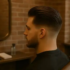 Homme avec cheveux sur le côté, coiffure dégradée et soignée, dans un salon de coiffure au style rétro.