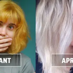 Avant/après : cheveux jaunes orangés transformés en blond platine grâce à un shampoing violet.