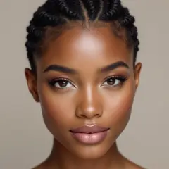 Visage d'une jeune femme à la peau foncée, maquillage subtil, et une tresse cheveux très court sur le dessus de la tête.