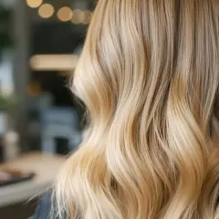Chevelure blonde avec des mèches foncées subtiles, créant un effet naturel et lumineux.