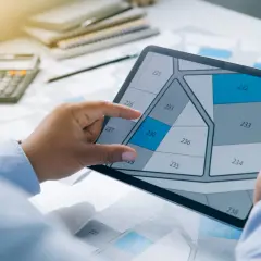 Une personne examine un plan de parcelle sur une tablette, calculant peut-être combien coûte une permanente pour un projet.