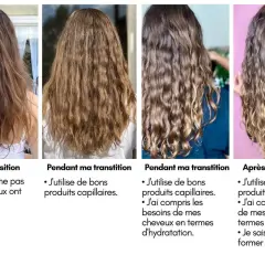 Avant, pendant et après une transition capillaire : des cheveux raides à ondulés grâce à de bons produits. Pas de decapage cheveux ici, juste une transformation naturelle.