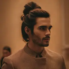 Un homme au chignon homme stylé, portant une veste texturée, regarde au loin.
