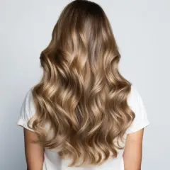 Chevelure ondulée aux reflets blonds, avec des racines subtilement éclaircir ses racines avec une patine pour un effet naturel et lumineux.