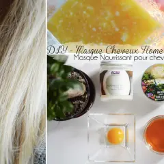 Cheveux blonds soyeux, ingrédients pour le meilleur masque cheveux secs et abîmés maison : huile de coco, beurre de karité, œuf.