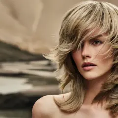 Une femme au regard intense arbore une coupe long dessus court côté, ses cheveux blonds encadrant son visage avec légèreté.