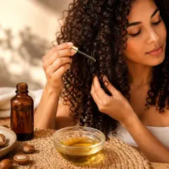Une femme applique de l'huile d'argan sur ses cheveux bouclés. Des amandes d'argan et une fiole d'huile sont visibles.
