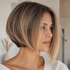 Une femme arbore un carré court dégradé, ses cheveux fins encadrant son visage avec douceur.