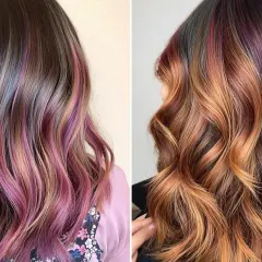 Chevelure brune avec des mèches roses et violettes subtiles, et une autre chevelure aux reflets cuivrés et auburn, avec des mèches 2 couleurs différentes.