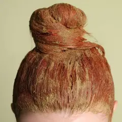 Chevelure rousse en chignon, recouverte d'une pâte de coloration végétale blonde.