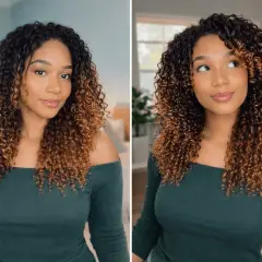 Une femme aux cheveux bouclés et dégradés, une coiffure qui tient plusieurs jours, souriant.