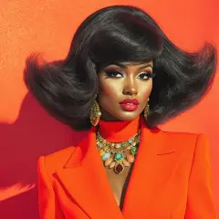 Une femme arbore une coiffure année 70 volumineuse et des bijoux éclatants, vêtue d'un blazer orange vif sur fond orange.