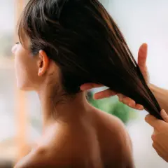 Application d'huile d'olive cheveux pour une brillance naturelle. Une main lisse une mèche de cheveux bruns.