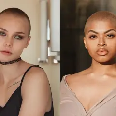 Deux femmes, une blonde et une brune, affichent une coupe rasee audacieuse, chacune avec son style unique.